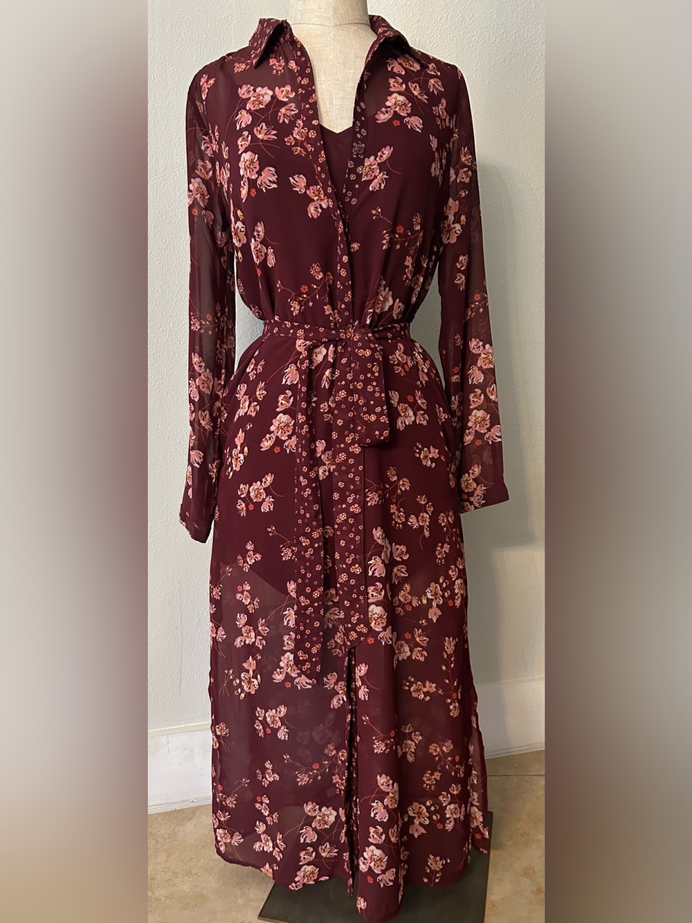 Lucky Brand Burgundy Floral Long Sleeve Tie-Waist Maxi Dress